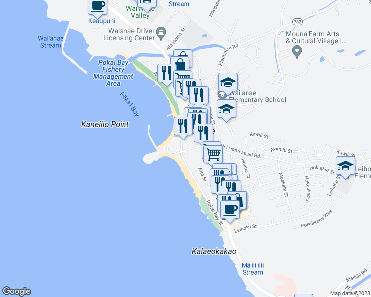 map of restaurants, bars, coffee shops, grocery stores, and more near 85-03 Pokai Bay Street in Waianae