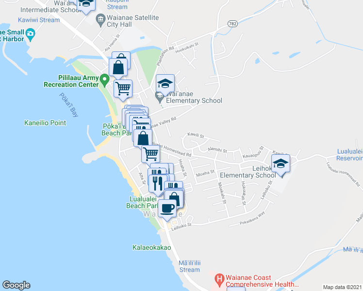 map of restaurants, bars, coffee shops, grocery stores, and more near 86-907 Ihuku Street in Waianae