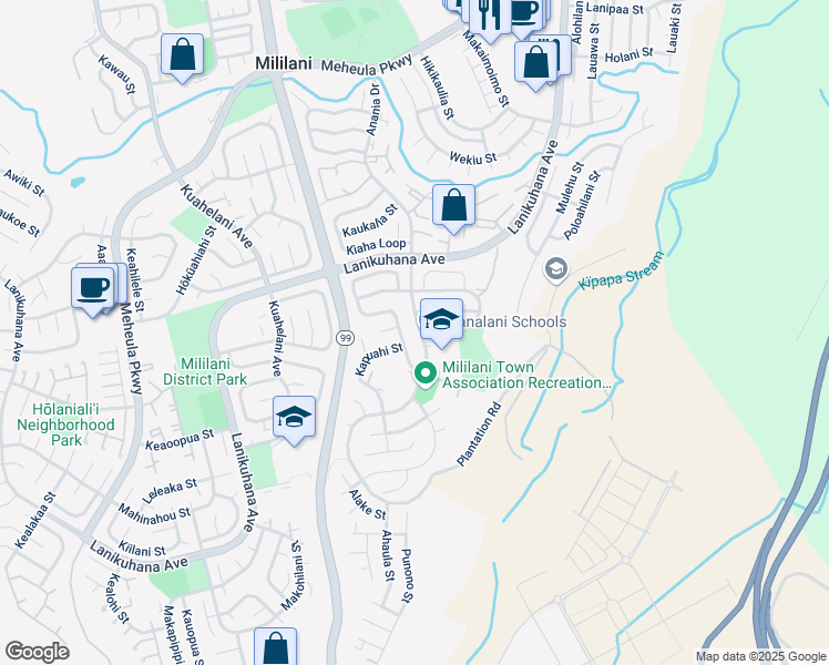 map of restaurants, bars, coffee shops, grocery stores, and more near 94-283 Anania Drive in Mililani