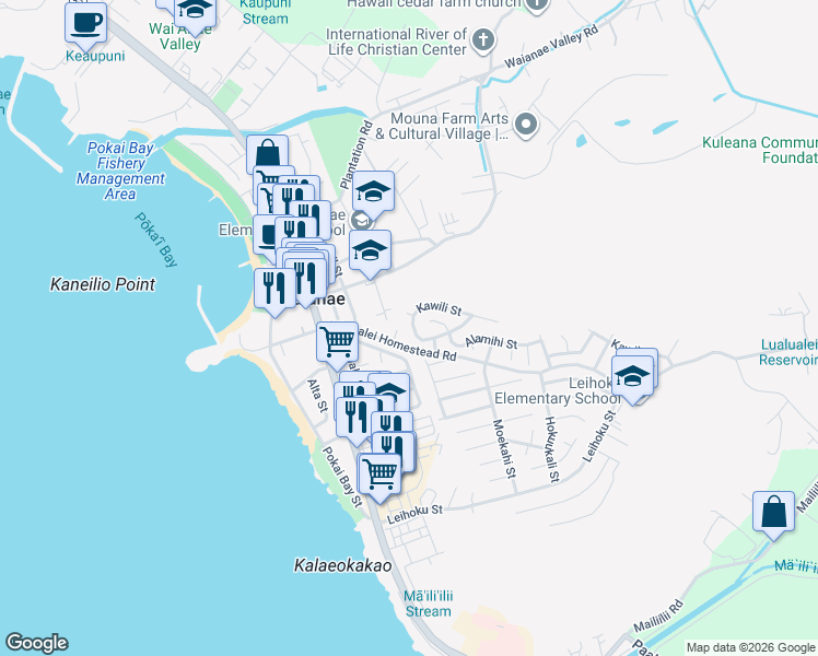 map of restaurants, bars, coffee shops, grocery stores, and more near 86-32 Hoaha Street in Waianae