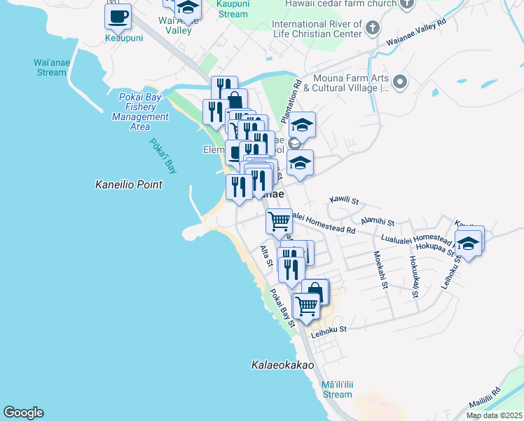 map of restaurants, bars, coffee shops, grocery stores, and more near in Waianae