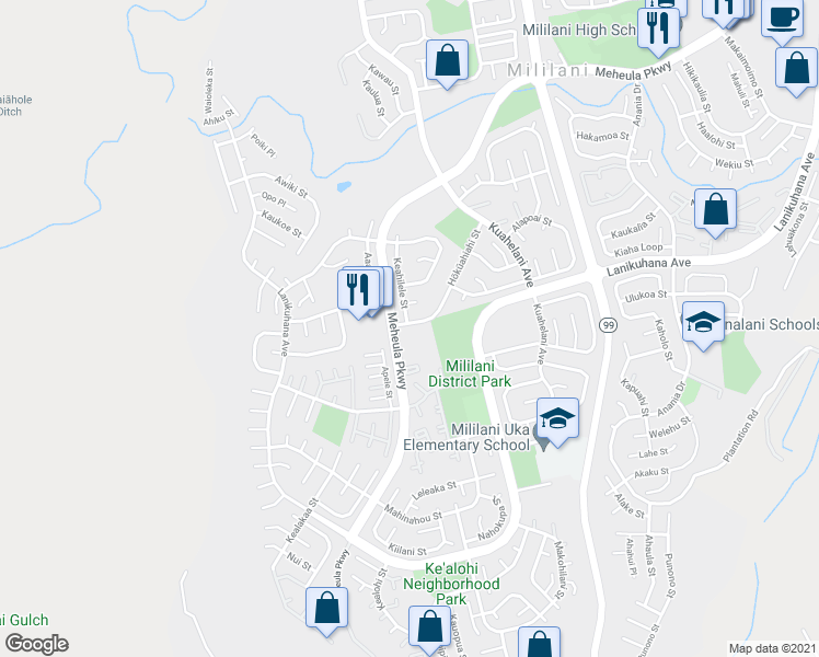 map of restaurants, bars, coffee shops, grocery stores, and more near 94-337 Keahilele Place in Mililani