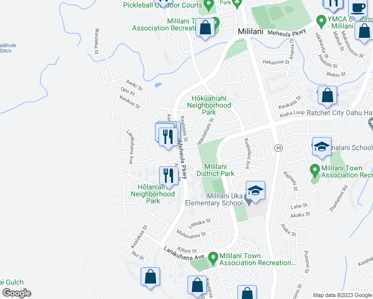 map of restaurants, bars, coffee shops, grocery stores, and more near 94-337 Keahilele Place in Mililani