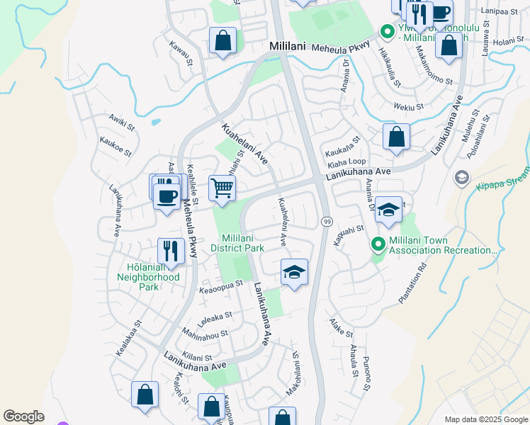 map of restaurants, bars, coffee shops, grocery stores, and more near 94-161 Kuahelani Avenue in Mililani