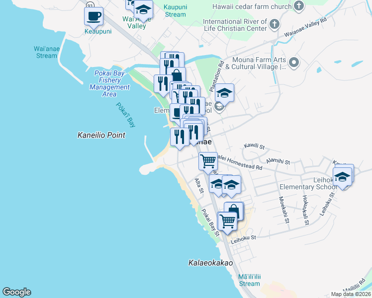 map of restaurants, bars, coffee shops, grocery stores, and more near 85-44 Waianae Valley Road in Waianae