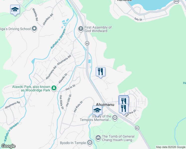 map of restaurants, bars, coffee shops, grocery stores, and more near 47-54 Okana Road in Kaneohe
