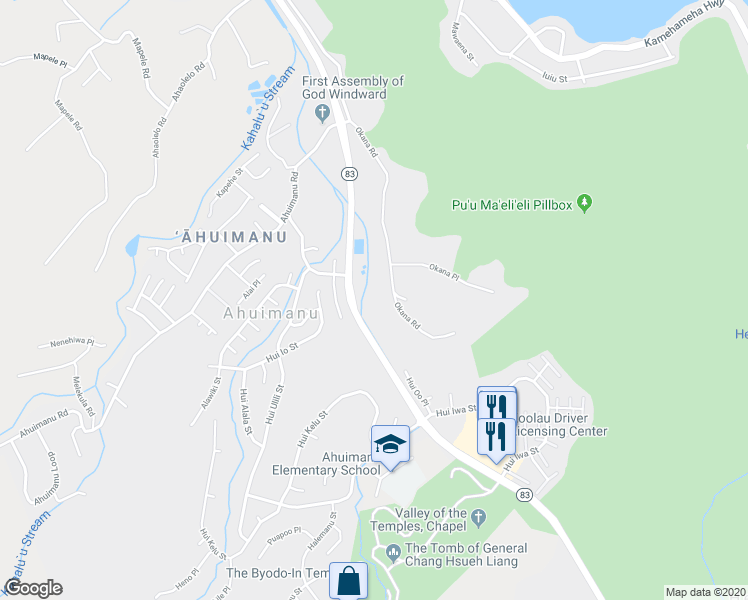 map of restaurants, bars, coffee shops, grocery stores, and more near 47-54 Okana Road in Kaneohe