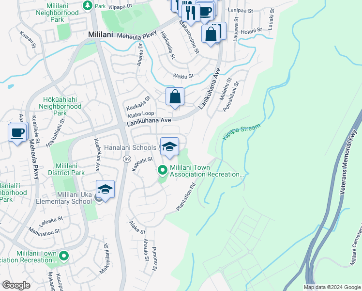 map of restaurants, bars, coffee shops, grocery stores, and more near 94-395 Ololu Street in Mililani