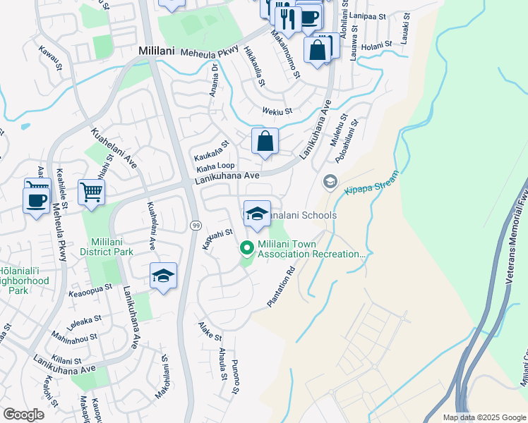 map of restaurants, bars, coffee shops, grocery stores, and more near 94-388 Ololu Street in Mililani