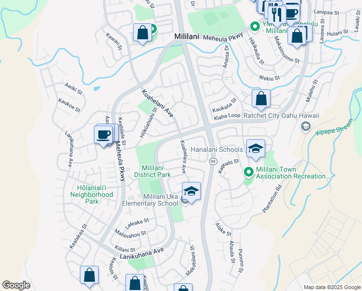 map of restaurants, bars, coffee shops, grocery stores, and more near 94-149 Kuahelani Avenue in Mililani