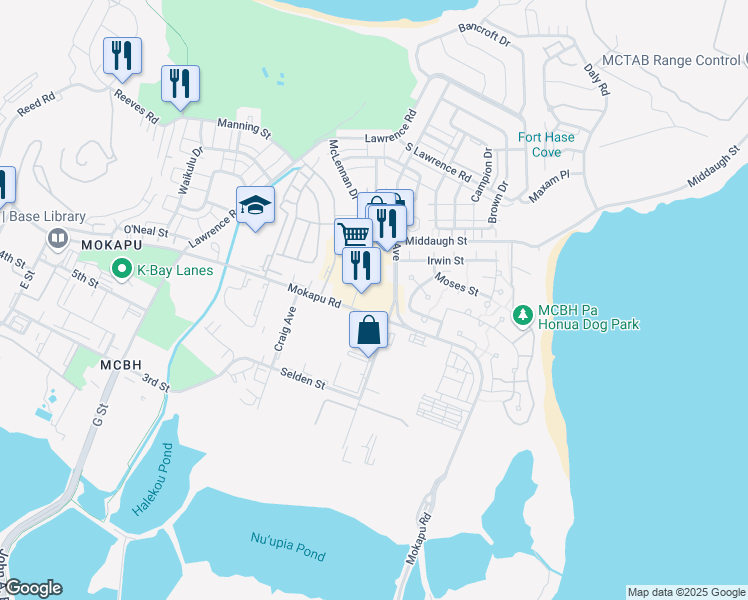 map of restaurants, bars, coffee shops, grocery stores, and more near 1667 Mokapu Road in Kailua