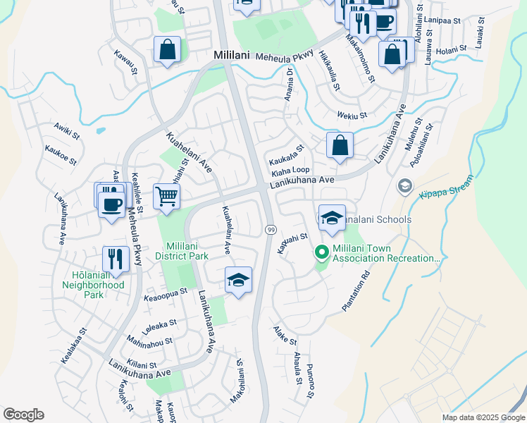map of restaurants, bars, coffee shops, grocery stores, and more near 94-477 Hokuala Street in Mililani