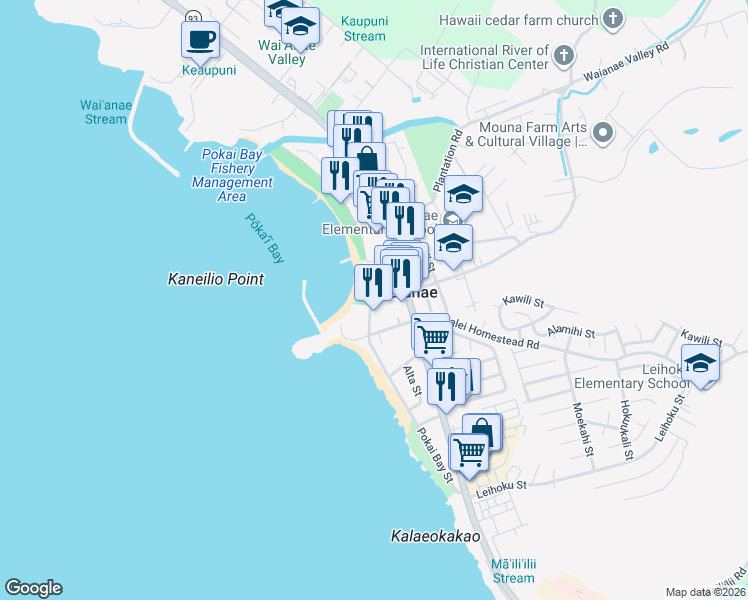 map of restaurants, bars, coffee shops, grocery stores, and more near 85-44 Waianae Valley Road in Waianae