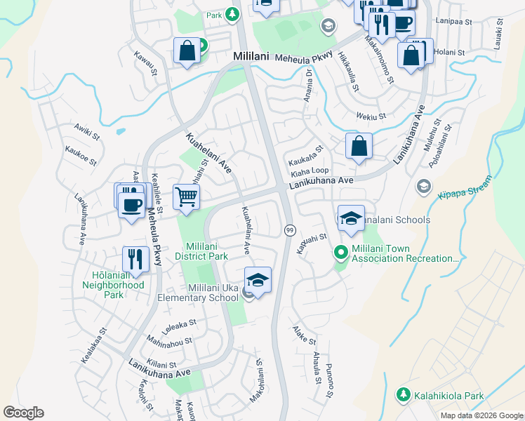 map of restaurants, bars, coffee shops, grocery stores, and more near 94-151 Hokulele Place in Mililani