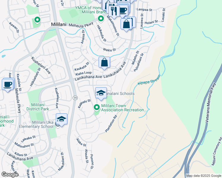 map of restaurants, bars, coffee shops, grocery stores, and more near 94 Noholoa Court in Mililani