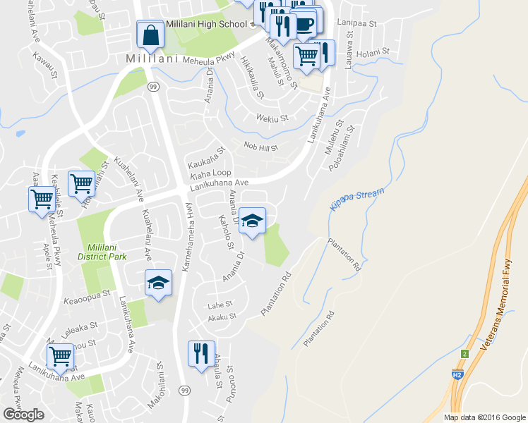 map of restaurants, bars, coffee shops, grocery stores, and more near 94-388 Ololu Street in Mililani