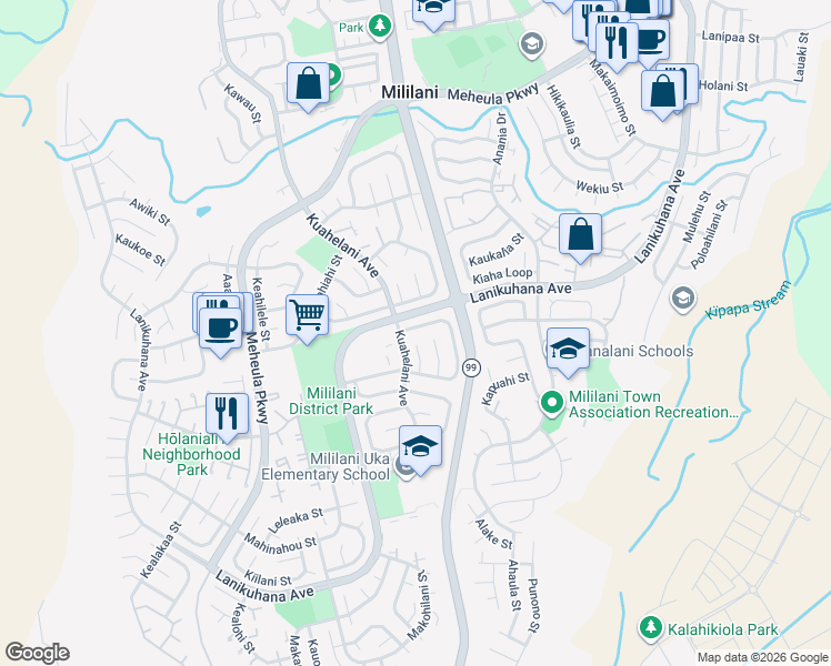 map of restaurants, bars, coffee shops, grocery stores, and more near 94-151 Hokulele Place in Mililani
