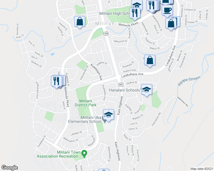 map of restaurants, bars, coffee shops, grocery stores, and more near 94-151 Hokulele Place in Mililani