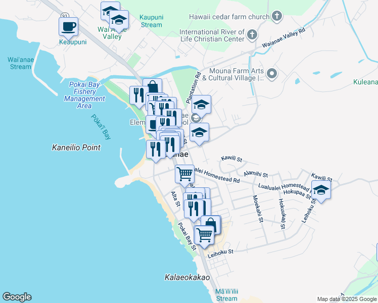 map of restaurants, bars, coffee shops, grocery stores, and more near 85-1028 Mill Street in Waianae