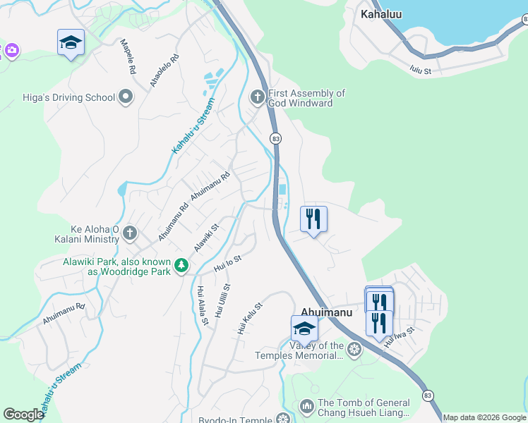 map of restaurants, bars, coffee shops, grocery stores, and more near 47-351 Hui Koloa Place in Kaneohe