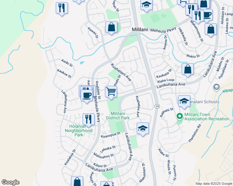 map of restaurants, bars, coffee shops, grocery stores, and more near Huihui Place in Mililani