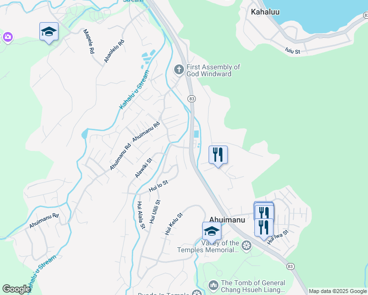 map of restaurants, bars, coffee shops, grocery stores, and more near 47 Ahuimanu Place in Kaneohe