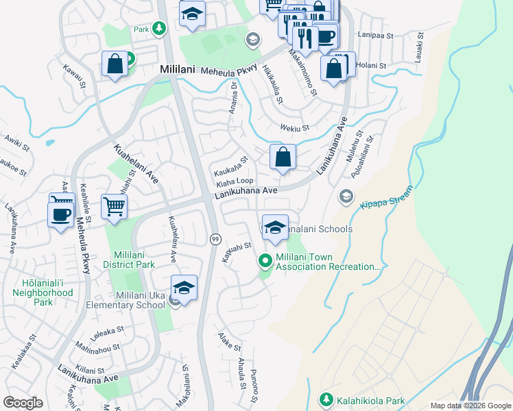 map of restaurants, bars, coffee shops, grocery stores, and more near Anania Drive in Mililani