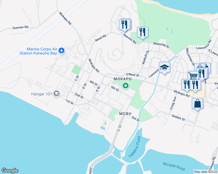 map of restaurants, bars, coffee shops, grocery stores, and more near 5th Street in Marine Corps Base Hawaii