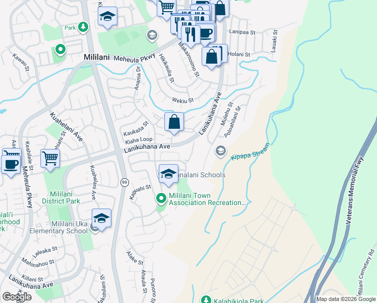 map of restaurants, bars, coffee shops, grocery stores, and more near 94-207 Noholoa Court in Mililani