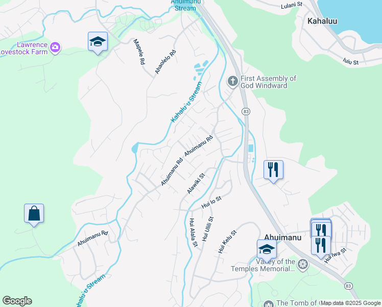map of restaurants, bars, coffee shops, grocery stores, and more near 47-450 Ahuimanu Road in Kaneohe