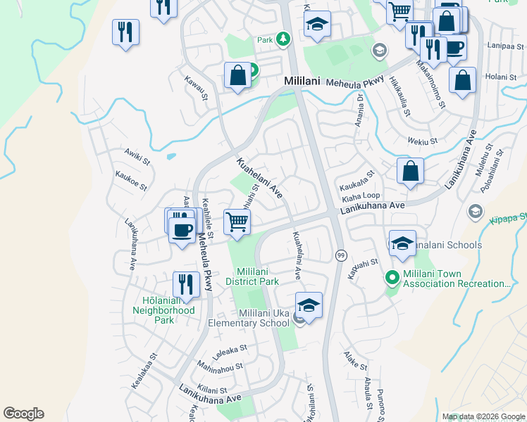 map of restaurants, bars, coffee shops, grocery stores, and more near 94-443 Kaweloalii Street in Mililani