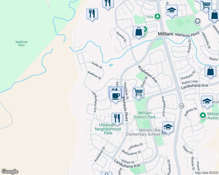 map of restaurants, bars, coffee shops, grocery stores, and more near 94-263 Kikalake Place in Mililani