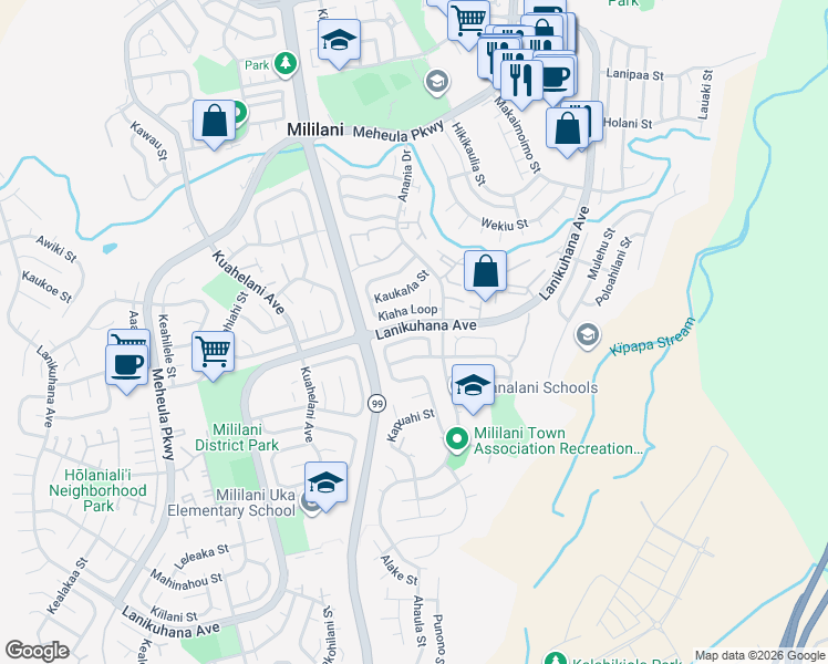 map of restaurants, bars, coffee shops, grocery stores, and more near 94-261 Kaholo Street in Mililani