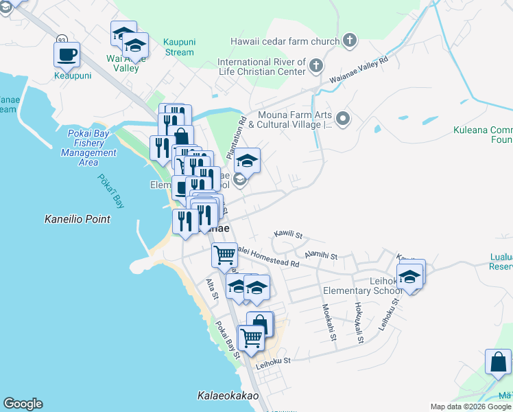 map of restaurants, bars, coffee shops, grocery stores, and more near 85-222 Waianae Valley Road in Waianae