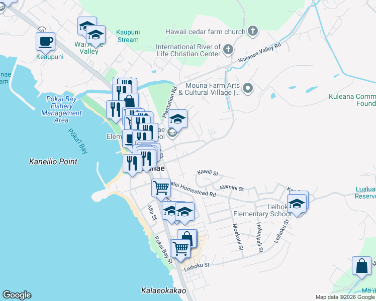 map of restaurants, bars, coffee shops, grocery stores, and more near 85-222 Waianae Valley Road in Waianae