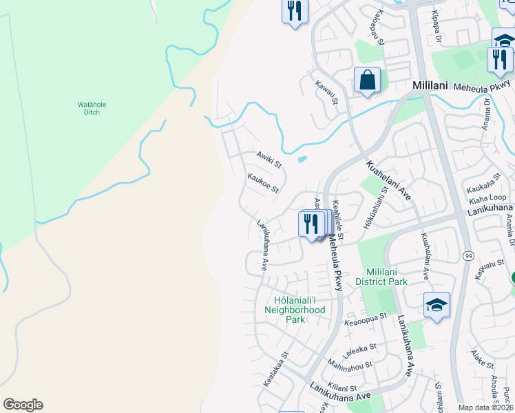 map of restaurants, bars, coffee shops, grocery stores, and more near 94-238 Naika Place in Mililani