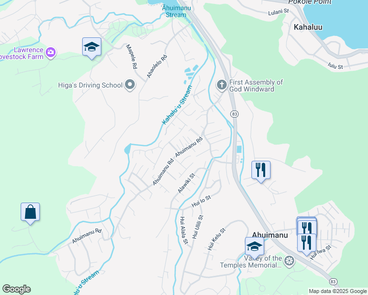 map of restaurants, bars, coffee shops, grocery stores, and more near 47-450 Ahuimanu Road in Kaneohe