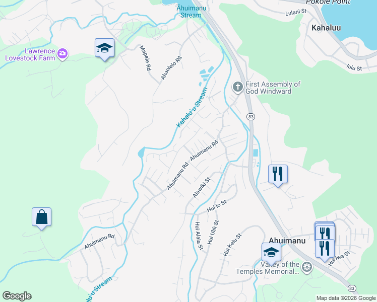 map of restaurants, bars, coffee shops, grocery stores, and more near 47-450 Ahuimanu Road in Kaneohe