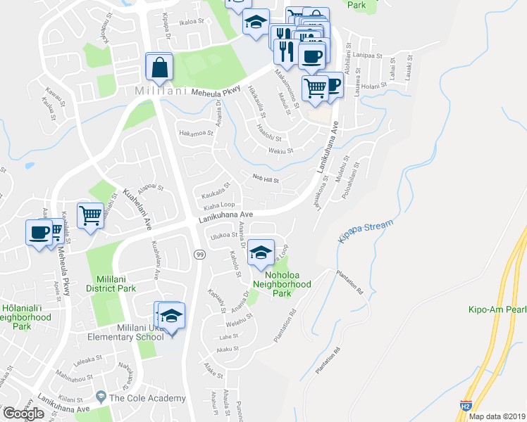 map of restaurants, bars, coffee shops, grocery stores, and more near 94-394 Makalu Loop in Mililani