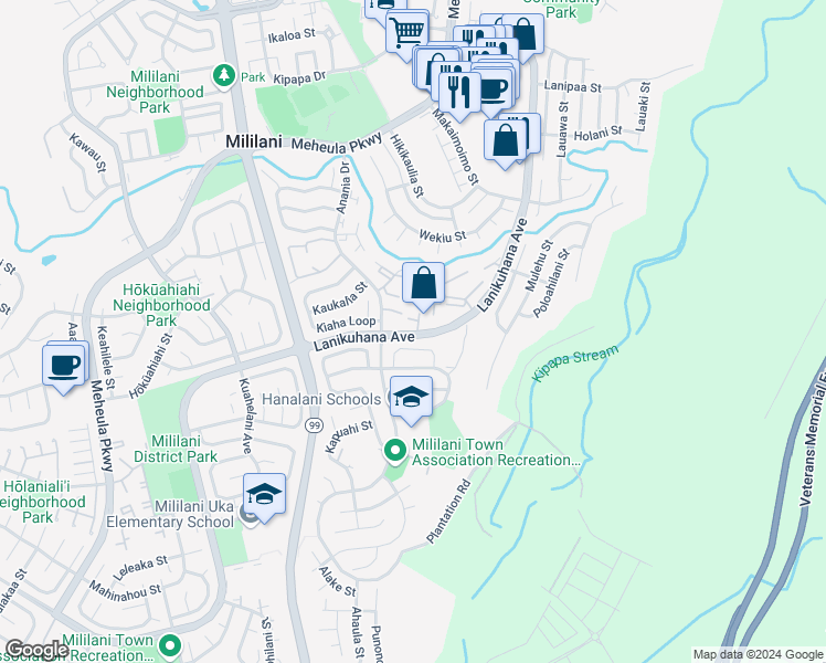 map of restaurants, bars, coffee shops, grocery stores, and more near 94-394 Makalu Loop in Mililani
