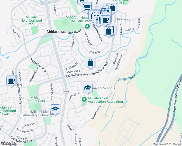 map of restaurants, bars, coffee shops, grocery stores, and more near 94-1432 Lanikuhana Avenue in Mililani