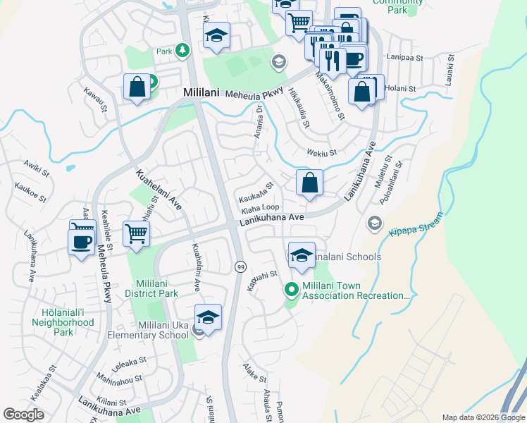 map of restaurants, bars, coffee shops, grocery stores, and more near 94-261 Kaholo Street in Mililani