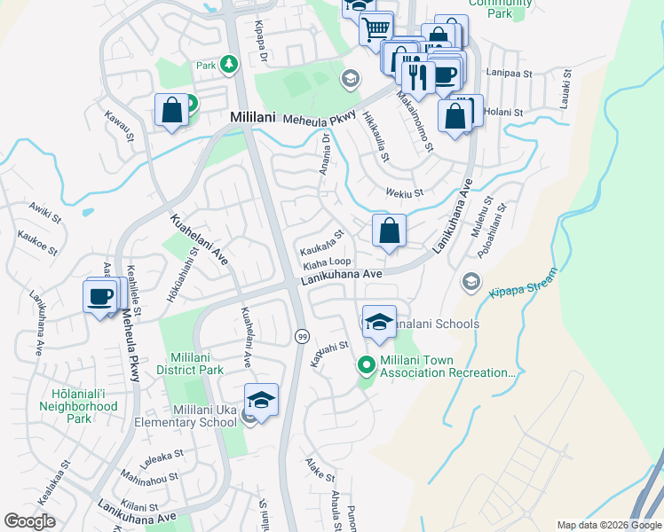 map of restaurants, bars, coffee shops, grocery stores, and more near 94-261 Kaholo Street in Mililani