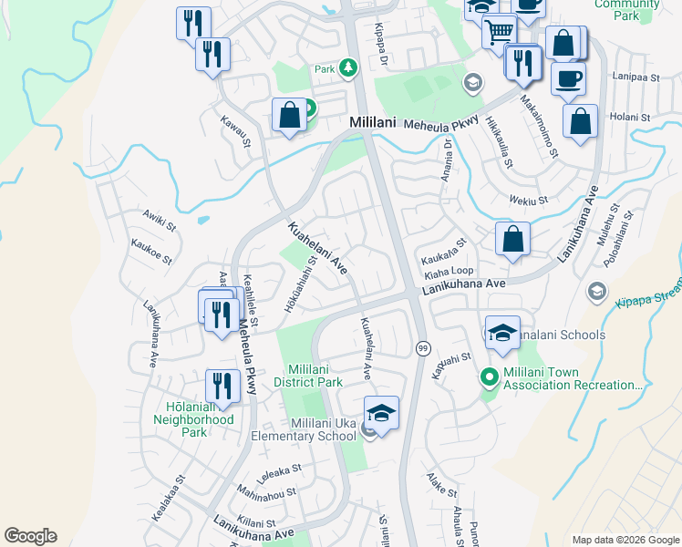 map of restaurants, bars, coffee shops, grocery stores, and more near 94-443 Kaweloalii Street in Mililani
