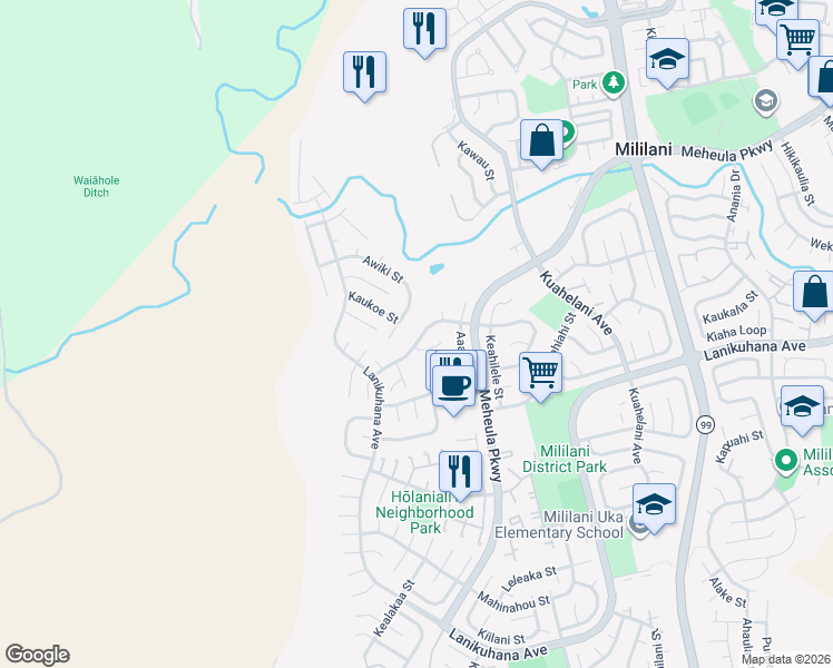 map of restaurants, bars, coffee shops, grocery stores, and more near 94-263 Kikalake Place in Mililani