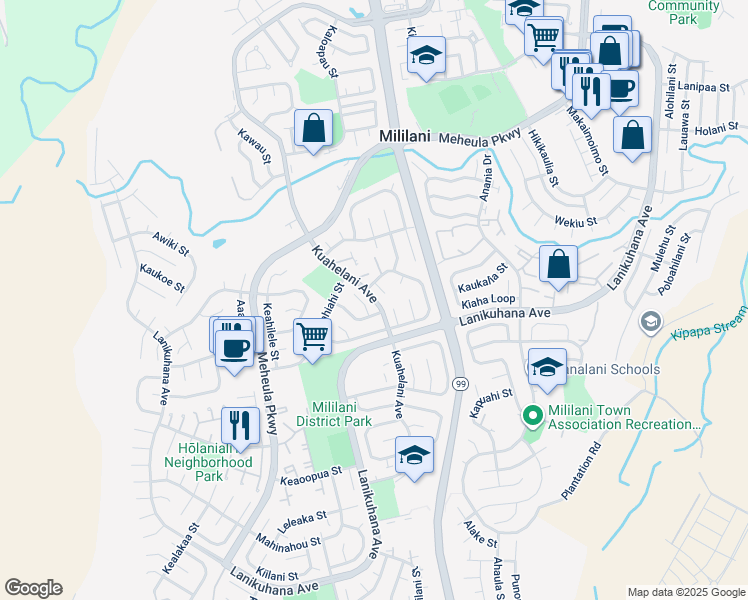 map of restaurants, bars, coffee shops, grocery stores, and more near 94-466 Hakalauai Place in Mililani