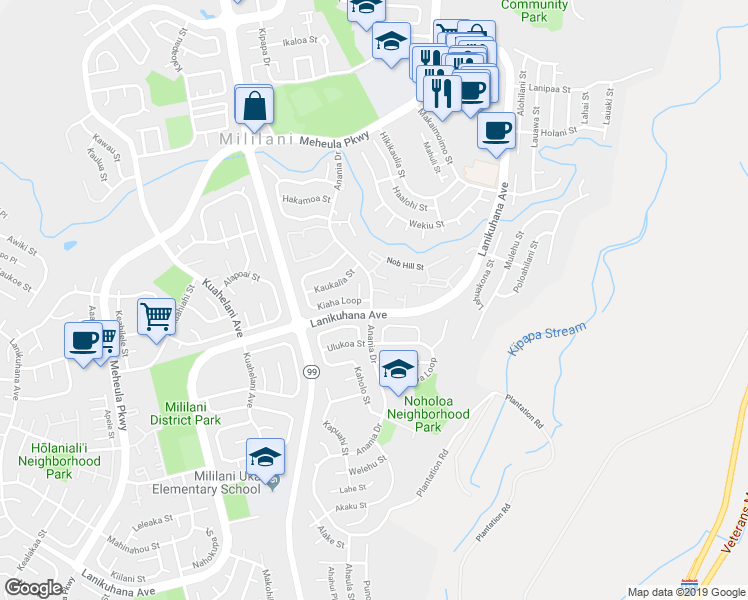 map of restaurants, bars, coffee shops, grocery stores, and more near 94-192 Anania Drive in Mililani