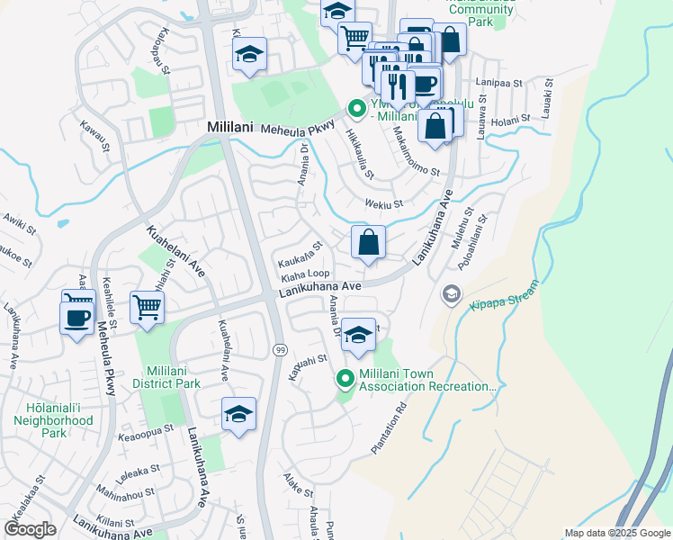 map of restaurants, bars, coffee shops, grocery stores, and more near 94-192 Anania Drive in Mililani