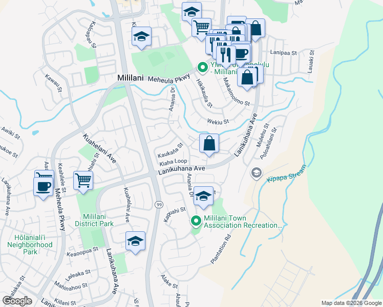 map of restaurants, bars, coffee shops, grocery stores, and more near 94-192 Anania Drive in Mililani