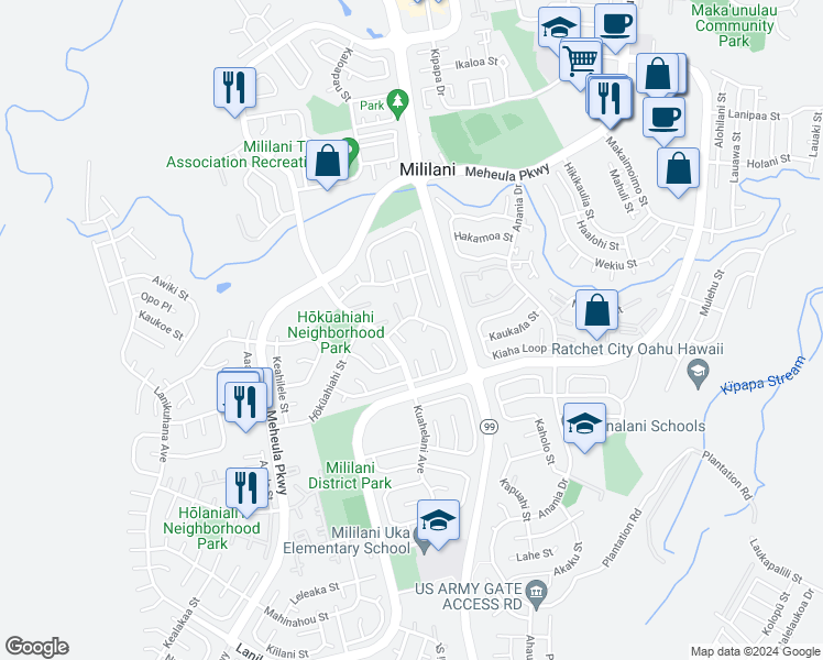 map of restaurants, bars, coffee shops, grocery stores, and more near 94-466 Hakalauai Place in Mililani